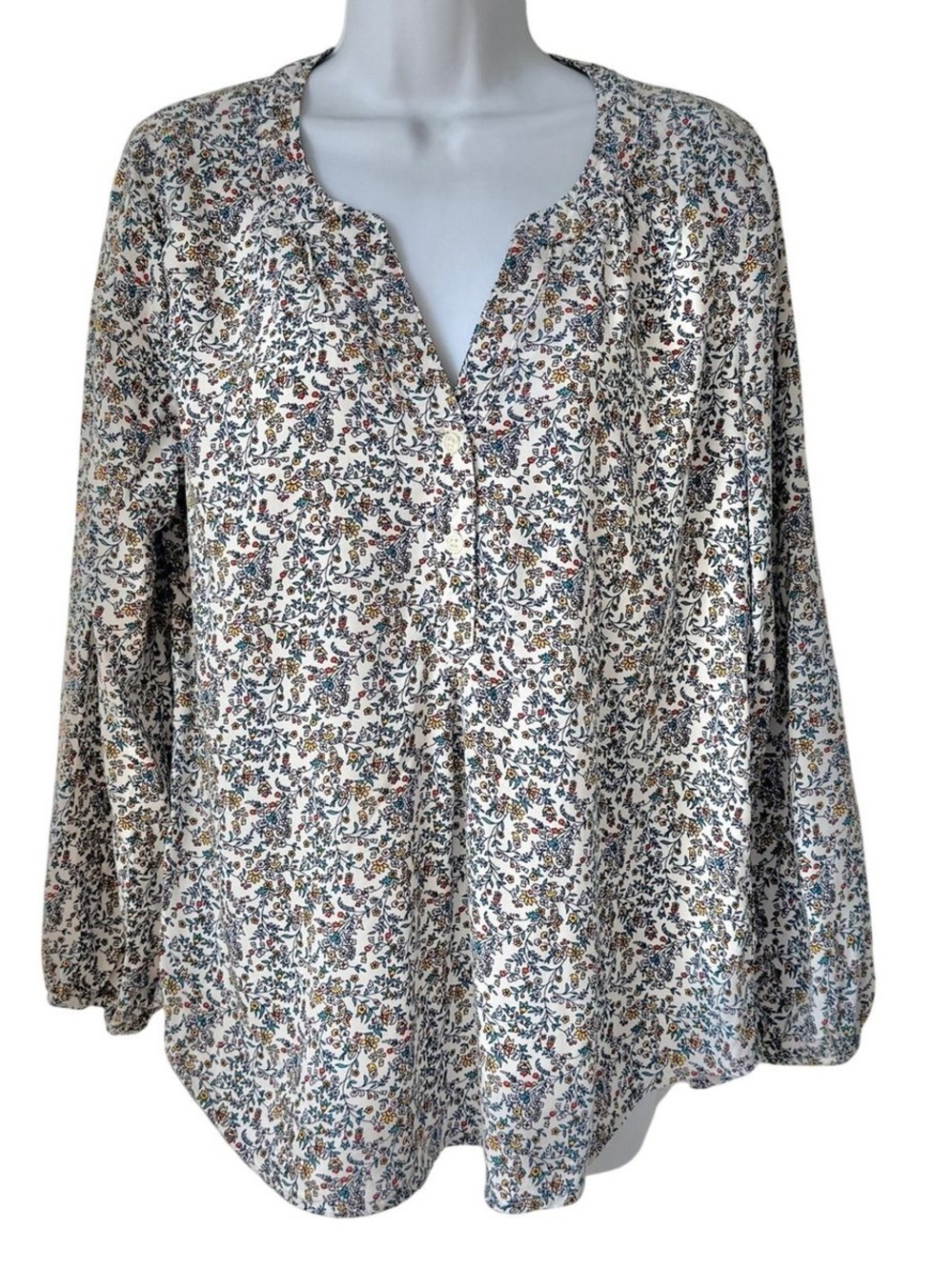 Old Navy Cream Peasant Blouse with Blue, Green & Red Floral Print